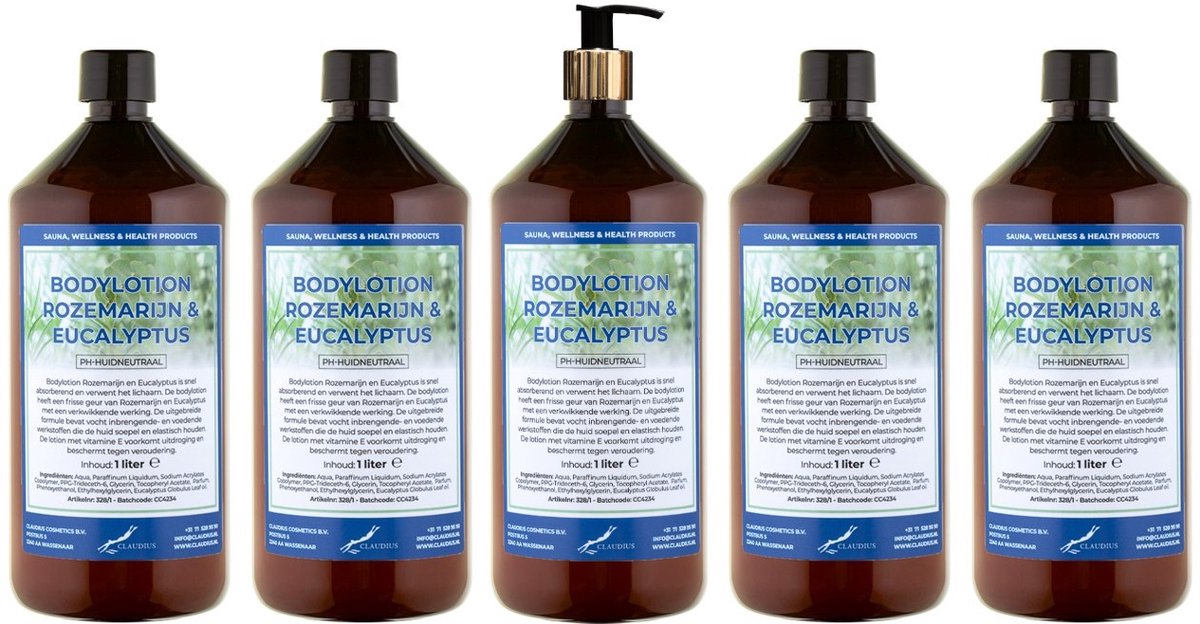 Bodylotion Rozemarijn & Eucalyptus 1 Liter - met gouden pomp - set van 5 stuks - Voordeelverpakking