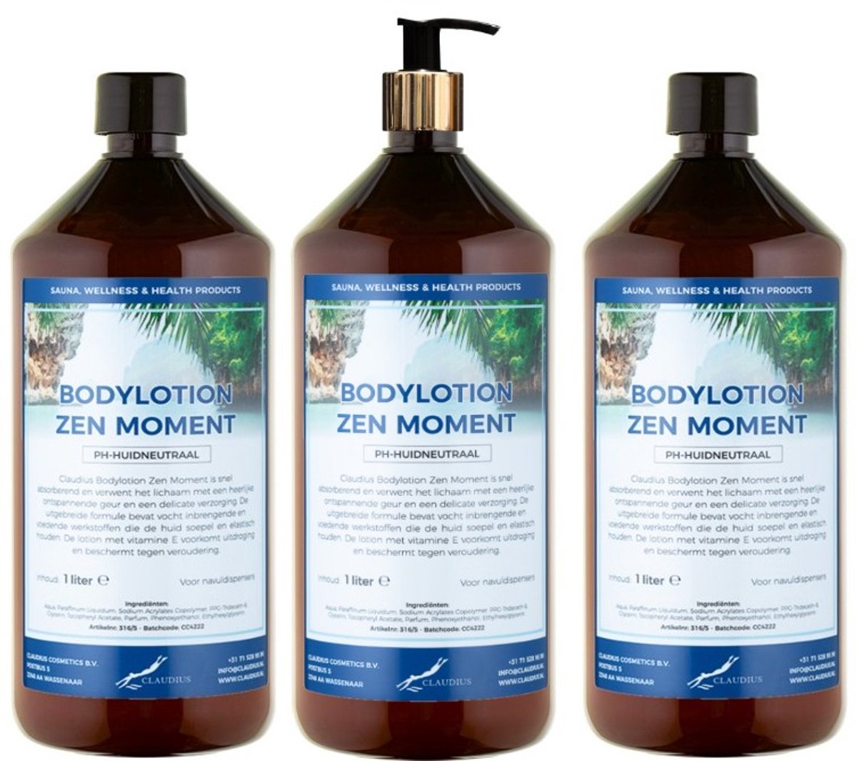 Bodylotion Zen Moment 1 Liter - met gouden pomp - set van 3 stuks