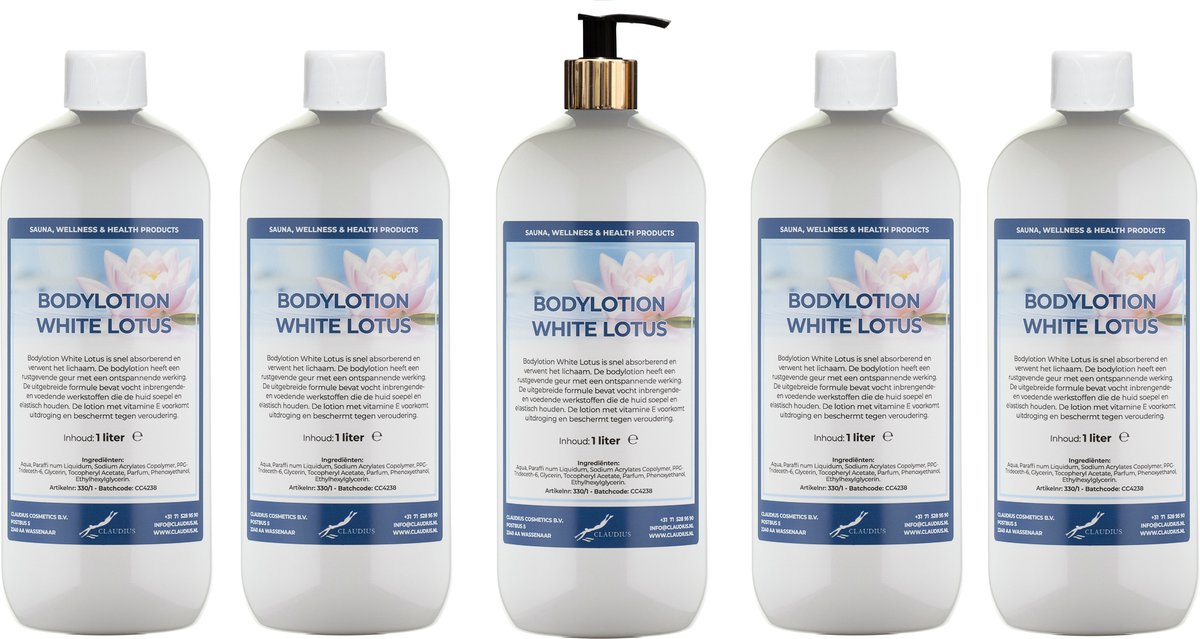 Bodylotion White Lotus 1 Liter - met gouden pomp - set van 5 stuks - Voordeelverpakking