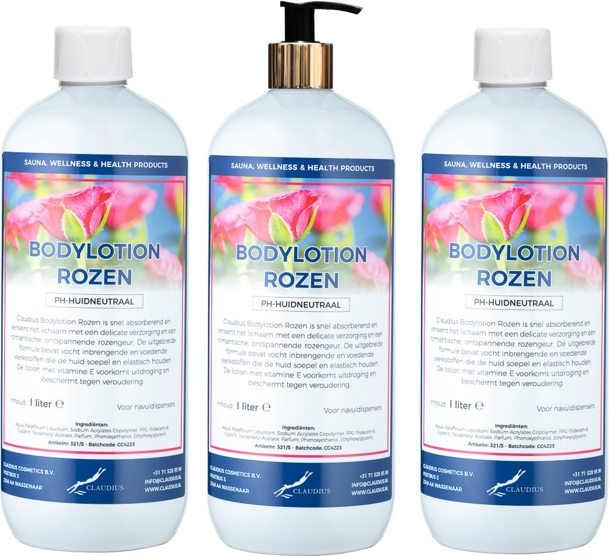 Bodylotion Rozen 1 Liter - met gouden pomp - set van 3 stuks