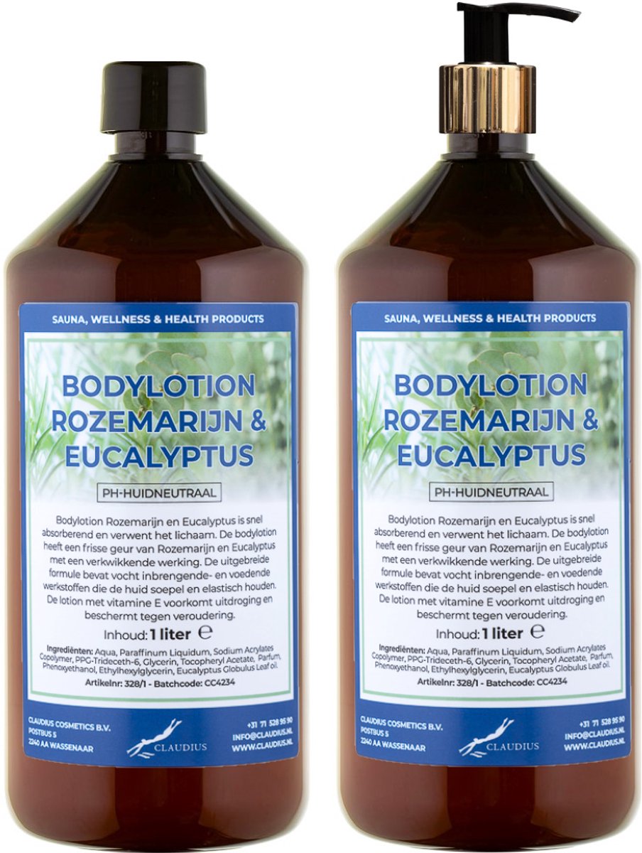 Bodylotion Rozemarijn & Eucalyptus 1 Liter - met gouden pomp - set van 2 stuks