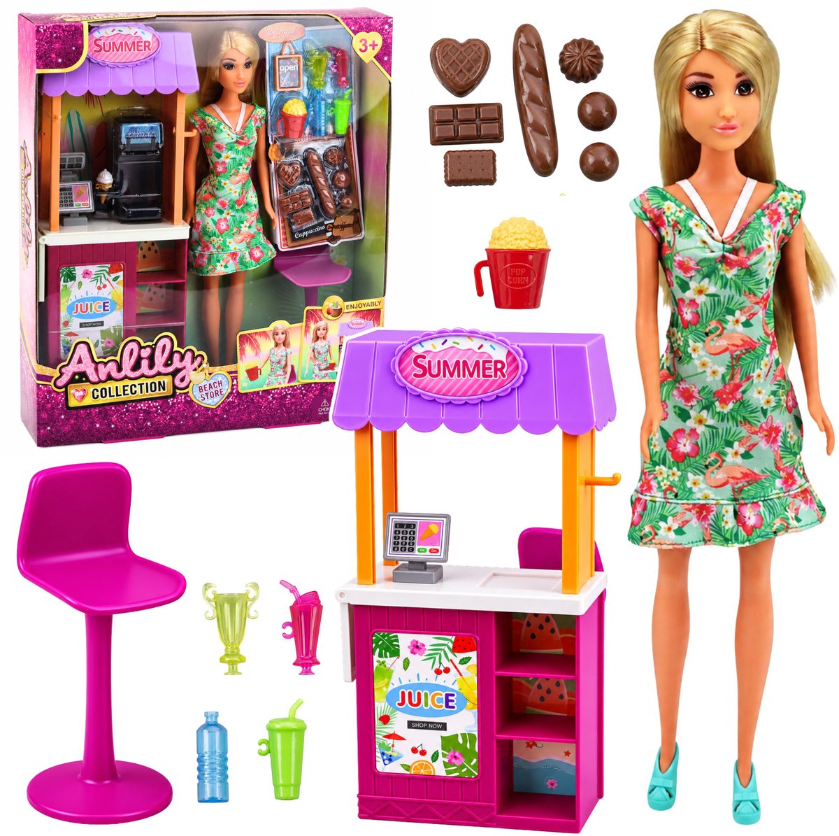 Anlily poppenverkoopster met accessoireset voor drankjes en snacks