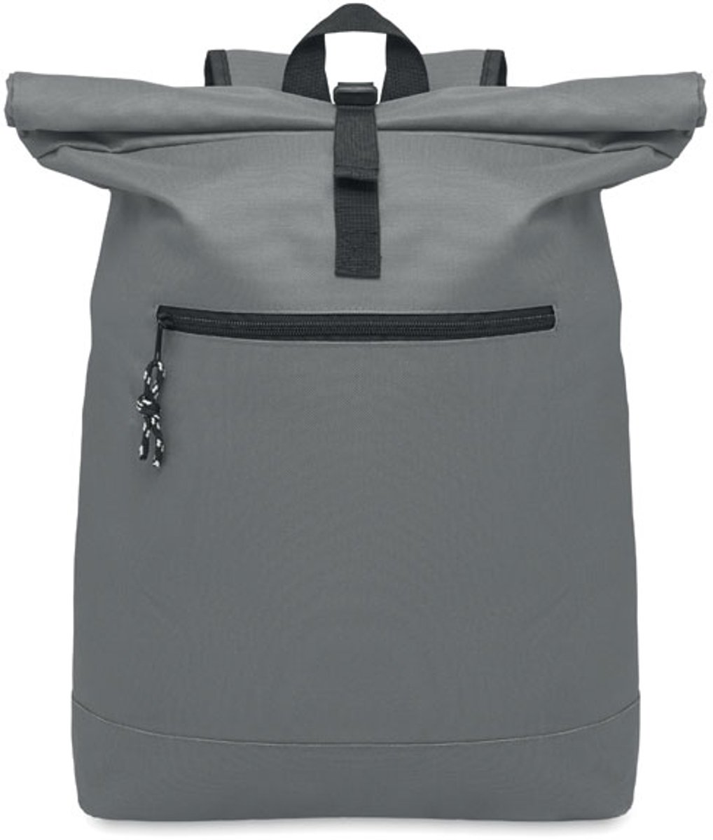 15 inch rolltop laptoprugzak van 600D polyester met gewatteerde achterkant en versterkte bodem. Afsluitbaar voorvak met rits. 210D voering. Grijs