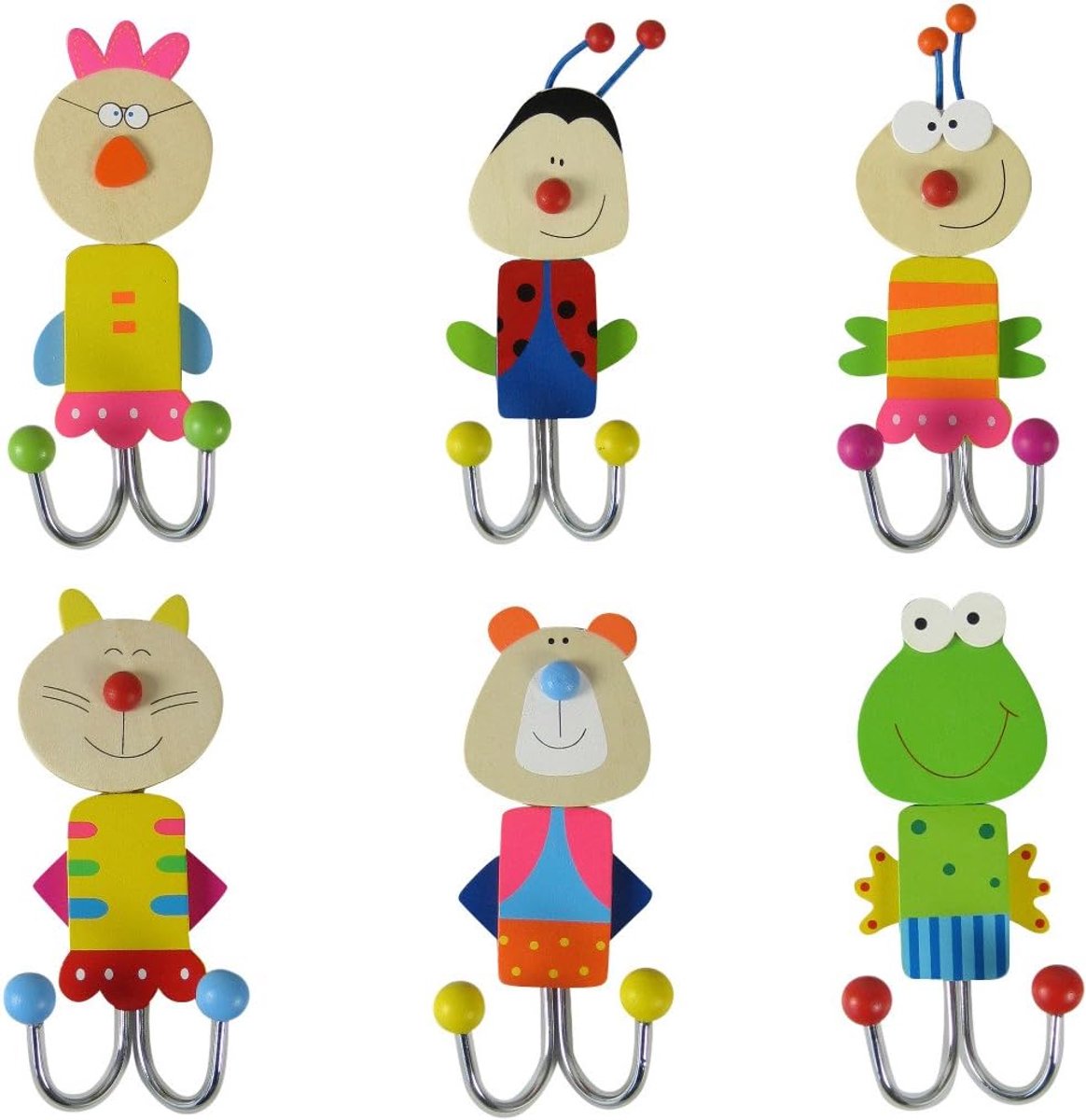 Set of 6 Wooden Wall Hooks for Children, Multi-Colour, Coat Hooks - ShopVlot