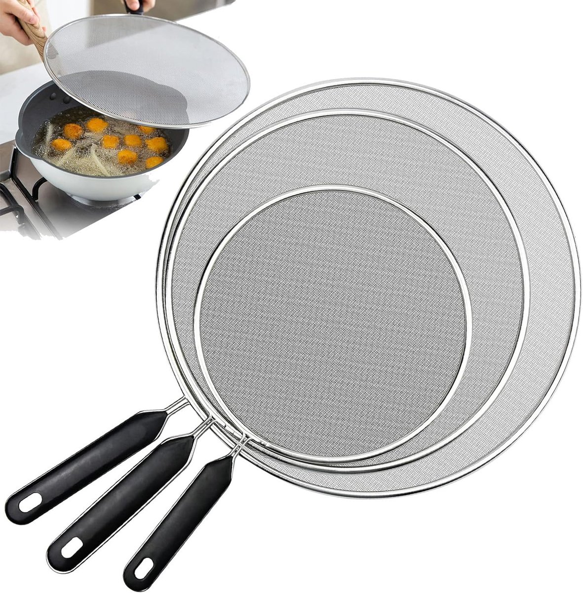 YEMAJIE 3 stuks spatbescherming pannen, roestvrij stalen pan, spatdeksel, oliebestendig deksel met handgreep, keuken - ShopVlot