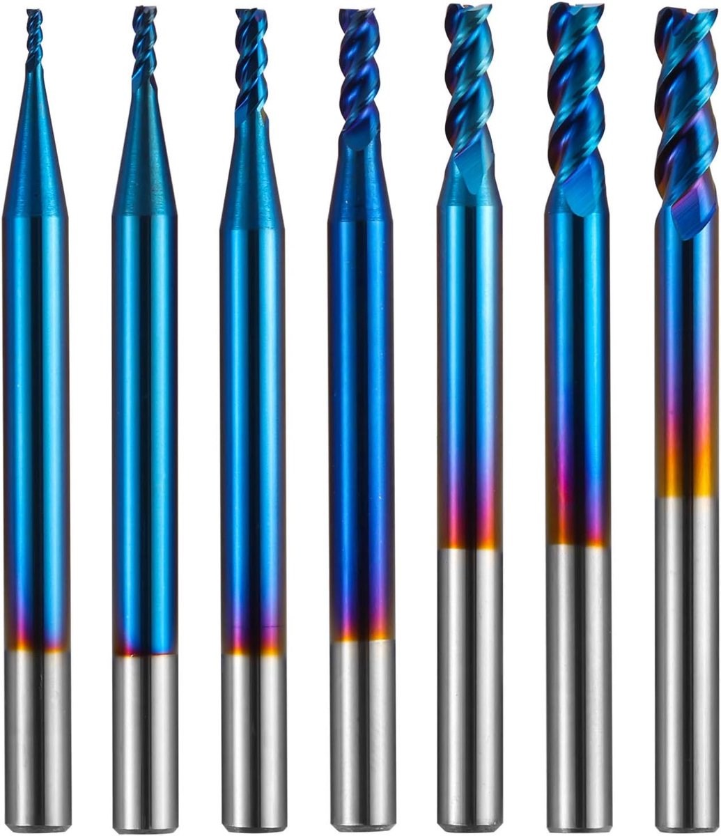 Genmitsu 7pcs 3 fold square end mill for aluminum applications, nano blue jacket CNC router bits, high power supply - ShopVlot