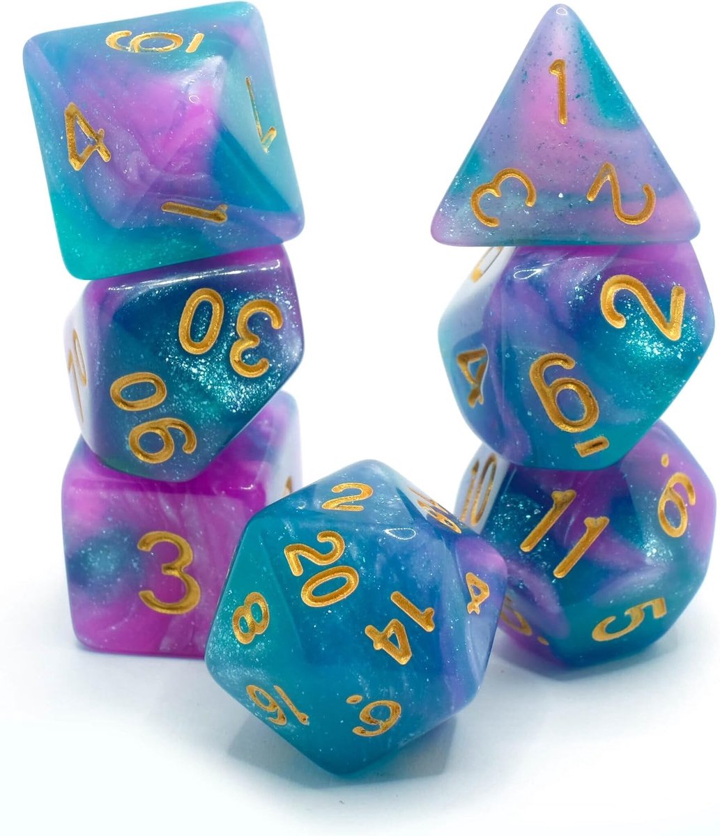 Butterfly Bush - Polyset Dice - Polydice - Purple Blue Green Turqoise Glitters and Gold - Dice Set Of 7 Pieces - ShopVlot