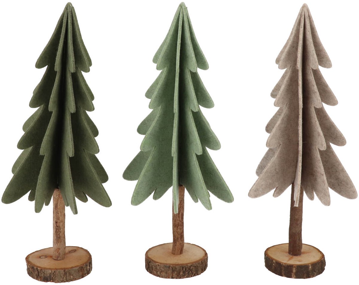 Daan Kromhout - Kerstbomen - Vilt - Set van 3 - Groen Lichtgroen en Beige - houten voet - 13 x 29 cm - Kerst - Winter