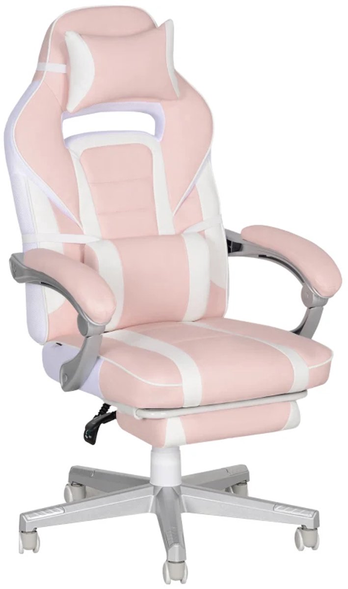 Ergonomische Gamingstoel met Draaifunctie, Lendensteun, Voetensteun & Hoofdsteun - 150° Verstelbare Rugleuning - In Hoogte Verstelbaar - Relaxfauteuil - TV Stoel - Kunstleer - Roze