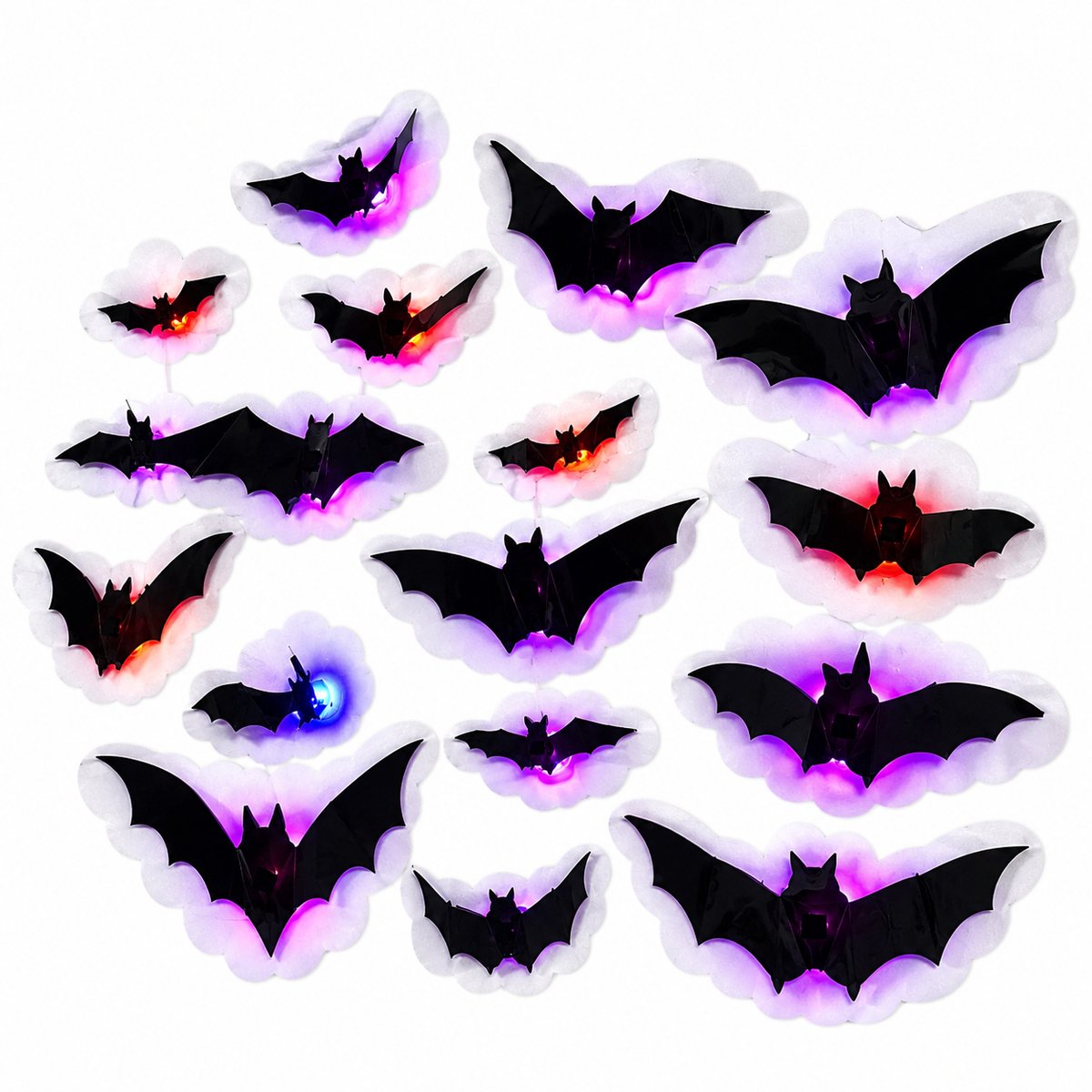 Namajunas halloween decoratie - 24 stuks 3D vleermuis decoratie met LED verlichting - halloween verlichting - vleermuis stickers in verschillende maten - raamdecoratie - voor halloween feest, slaapkamer, huis, binnen en buiten