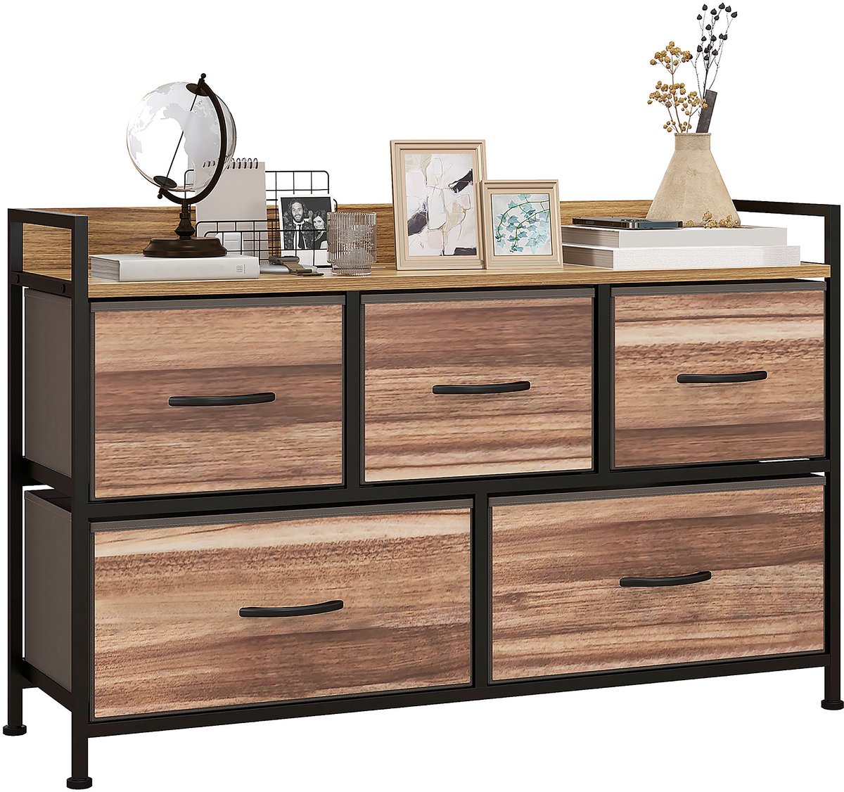 Kast met 5 lades – 98 x 29 x 63 cm – zwart | Bijzettafel – stalen frame – geschikt voor de slaapkamer, hal en woonkamer