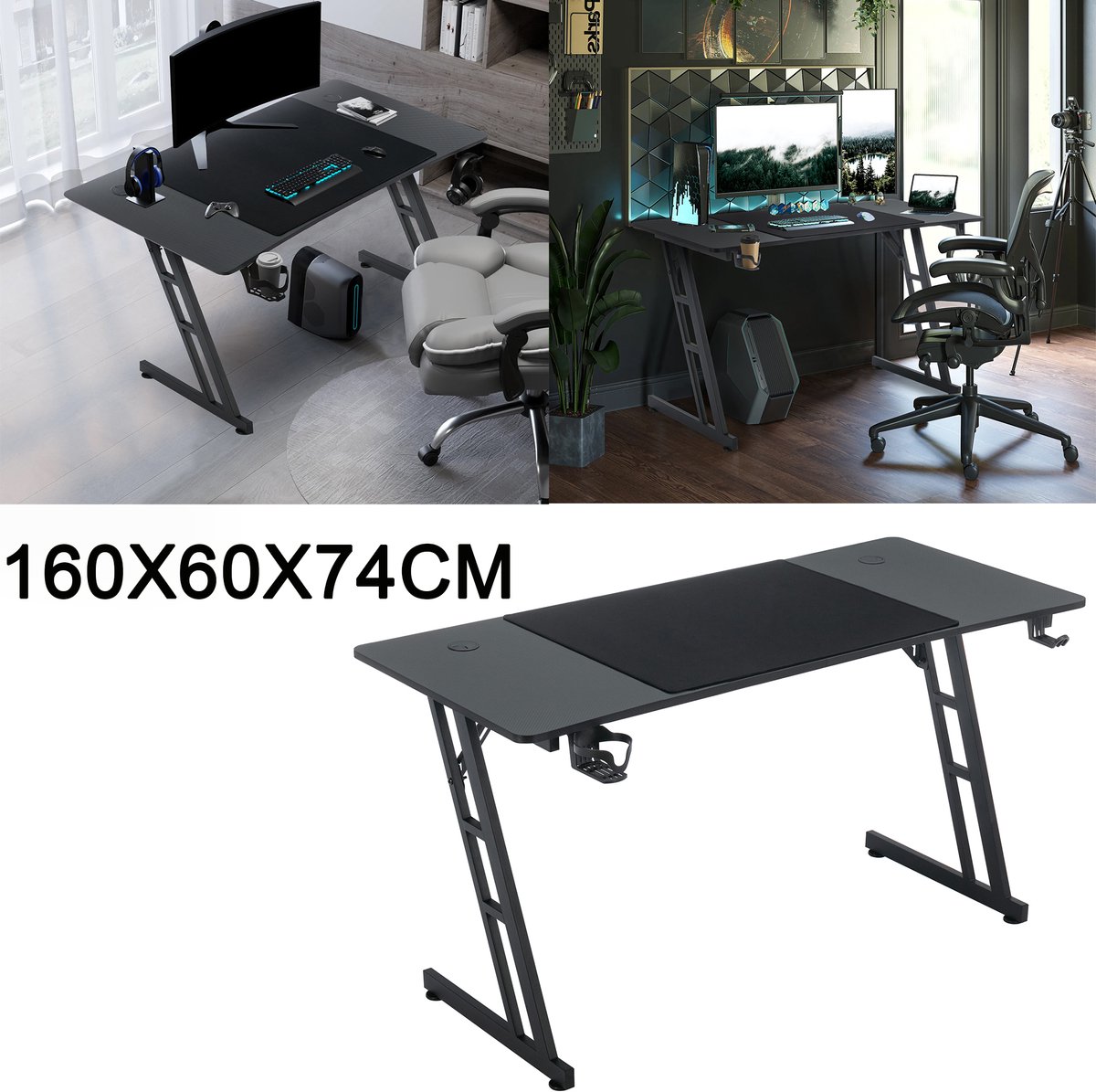 Gaming Bureau 160 X 60 CM - Carbon Look Bureaublad met Z-Frame - Computerbureau voor Gaming & Thuiswerken