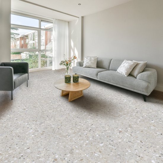 Lichte woonkamer met grijze bank op een lichtgrijze vloer met terrazzo-patroon.