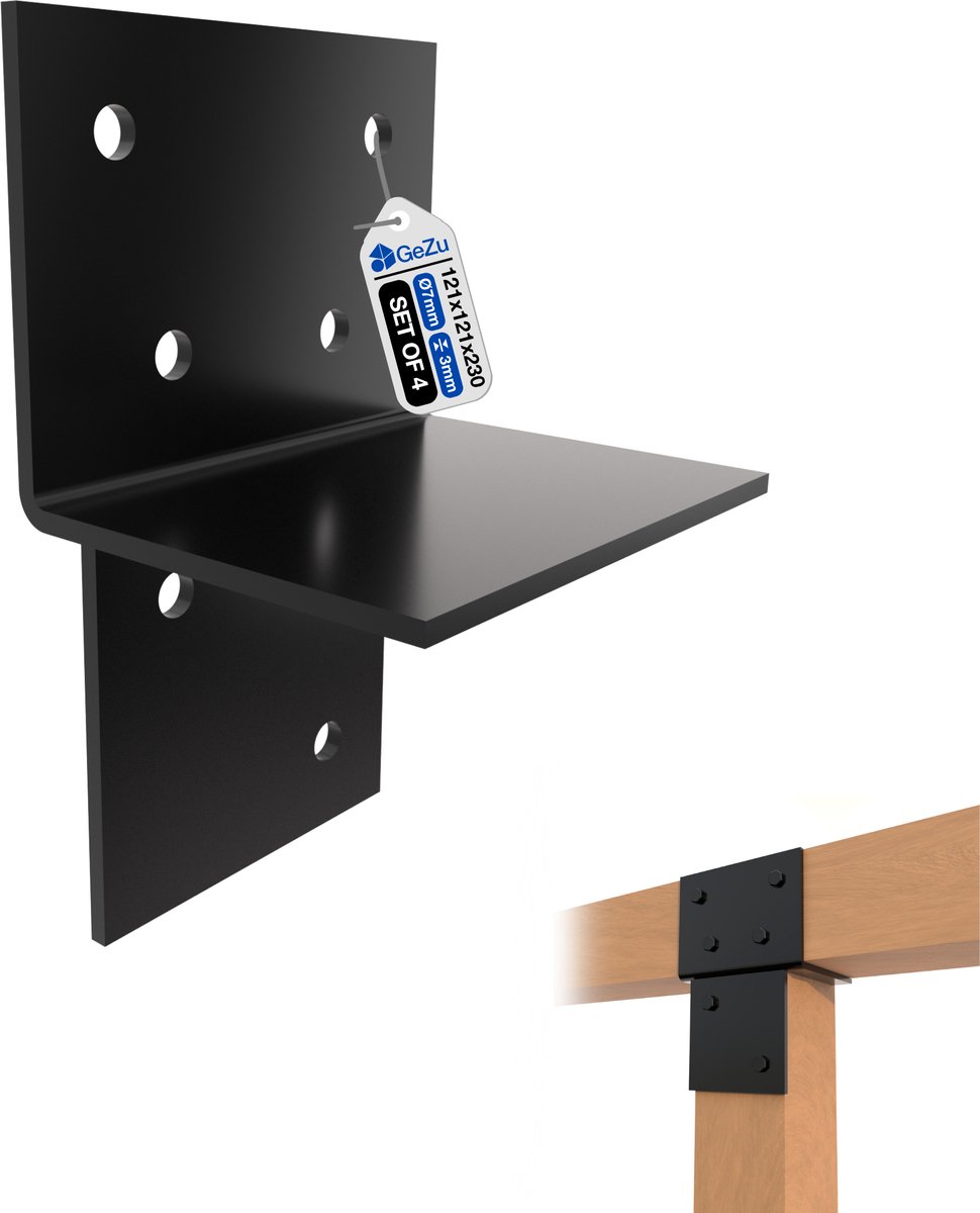 GeZu Impex Houtverbinding T Stuk 121x121mm Set van 4 Zwart Poedergecoat T-Connector Beugel Muur- en Paalverbinder voor Houten Structuren