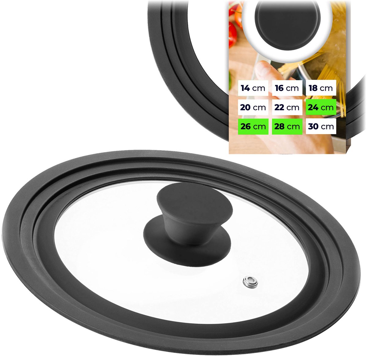 KADAX universele deksel 24/26/28 cm, universele deksel voor potten en pannen, pannendeksel, glazen deksel met siliconenrand en stoomopening, potdeksel (matzwart)
