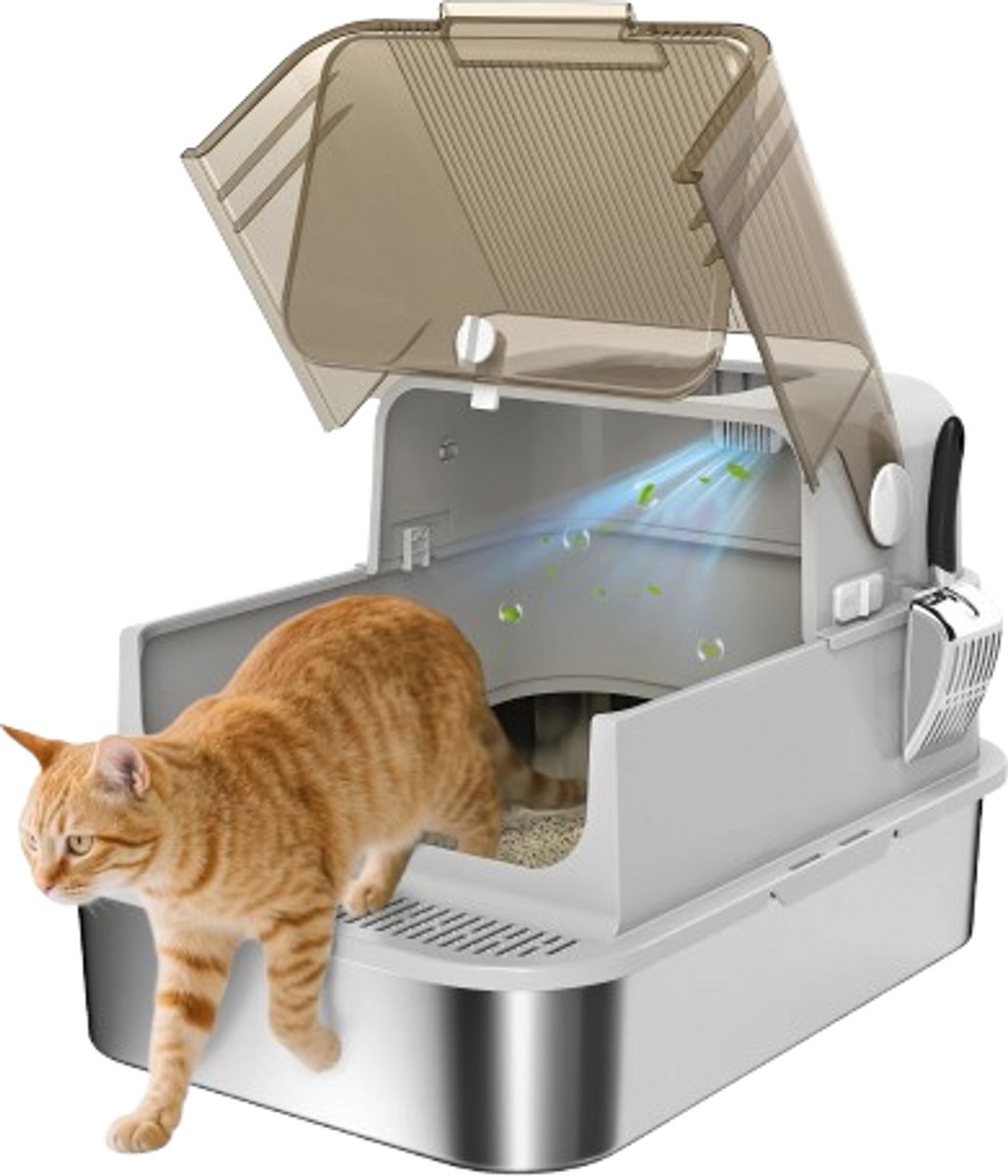 Cellista XXL Kattenbak – Kattenbak voor Grote Katten – Roestvrijstalen Kattenbak – Gesloten Kattenbak – Kattenbak met Deksel – Boveninvoer – Schep – 70 x 50 x 46,5 cm