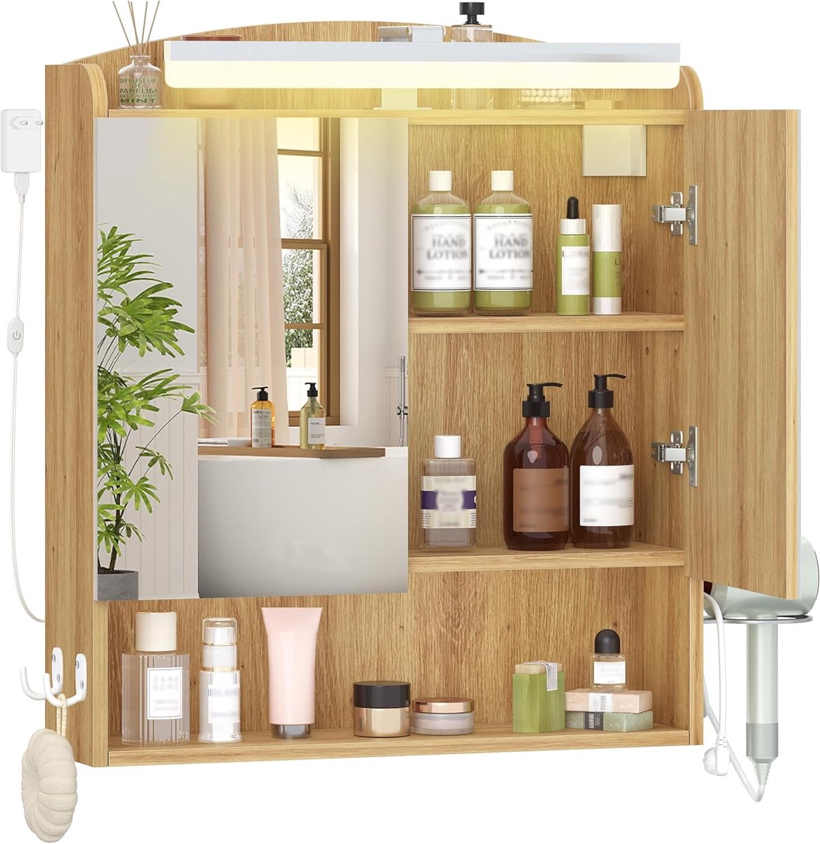 Hzuaneri Spiegelkast badkamer met verlichting, wandkast, Badkamerkast met spiegel, verstelbaar. Plank, haardrogerhouder en haken, licht eiken, 16,5 x 60 x 68,5 cm