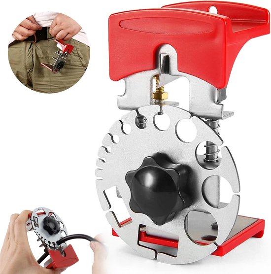 Rood en metalen draadstripgereedschap, met een inzetstuk van een persoon die het gereedschap aan zijn broekriem bevestigt.