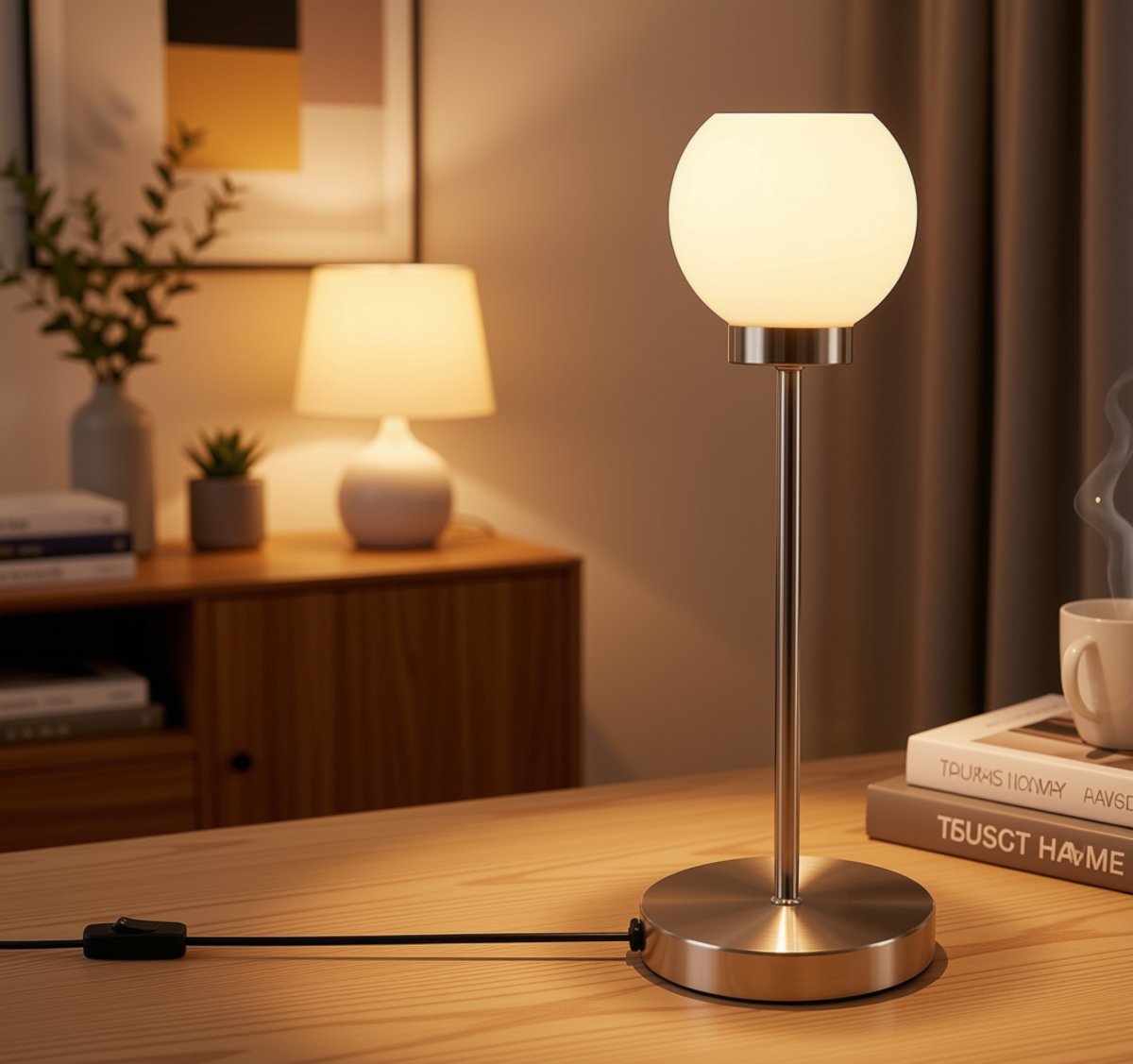 TRANGO 2018-06 LED bureaulamp in nikkel mat met gesatineerde glazen kap *EARTH* Tafellamp, bedlampje, vensterbanklamp incl. 1x 4,5 Watt LED module lamp 3000K warm wit