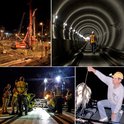 Collage van afbeeldingen: bouwplaats 's nachts, tunnel met treinrails, team bij nachtwerk, man vist met vangst.