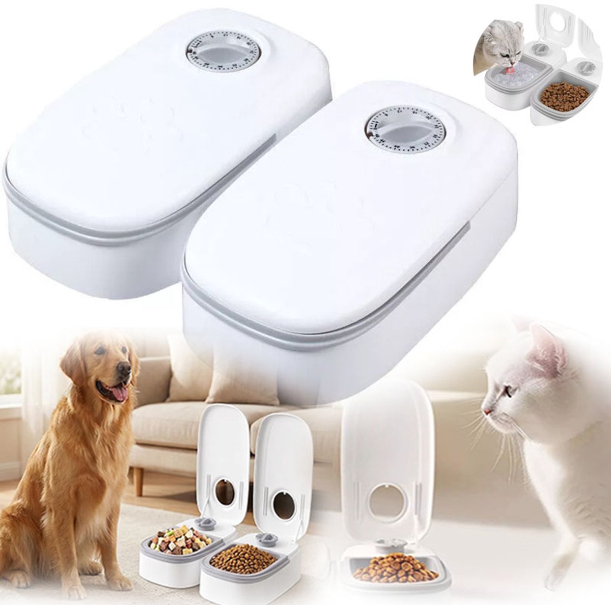 Kattenvoerdispenser, Automatische Voerbak Voor Katten Met 2 Maaltijden, Met 48-Uurs Timer, Voor Nat en Droog Voer