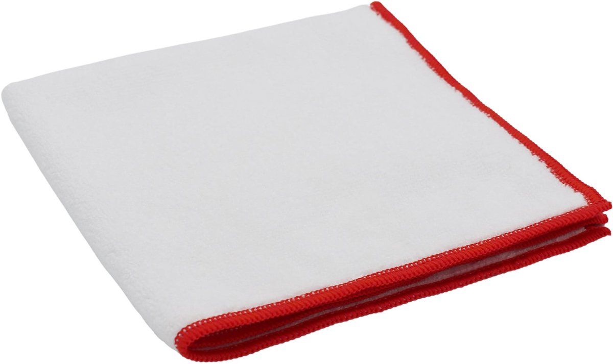 Microvezeldoek Gerecycled ChiaMo.nl Wit met Rode Rand 38 x 38 cm – 5 stuks (83% rPET)