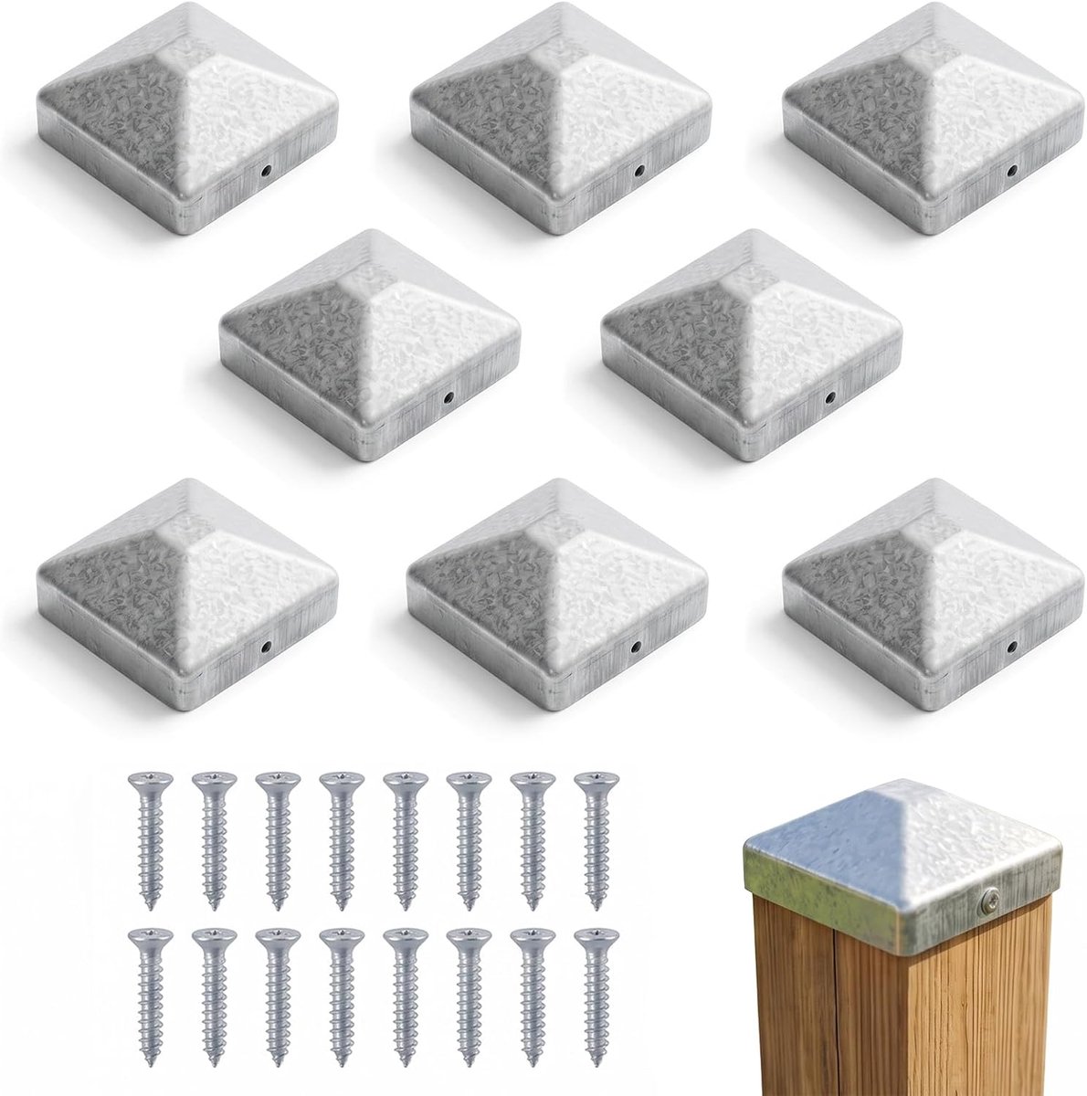 8 stuks paaldoppen 7 x 7 cm, vierkante hekpaalkap met 16 schroeven - ShopVlot