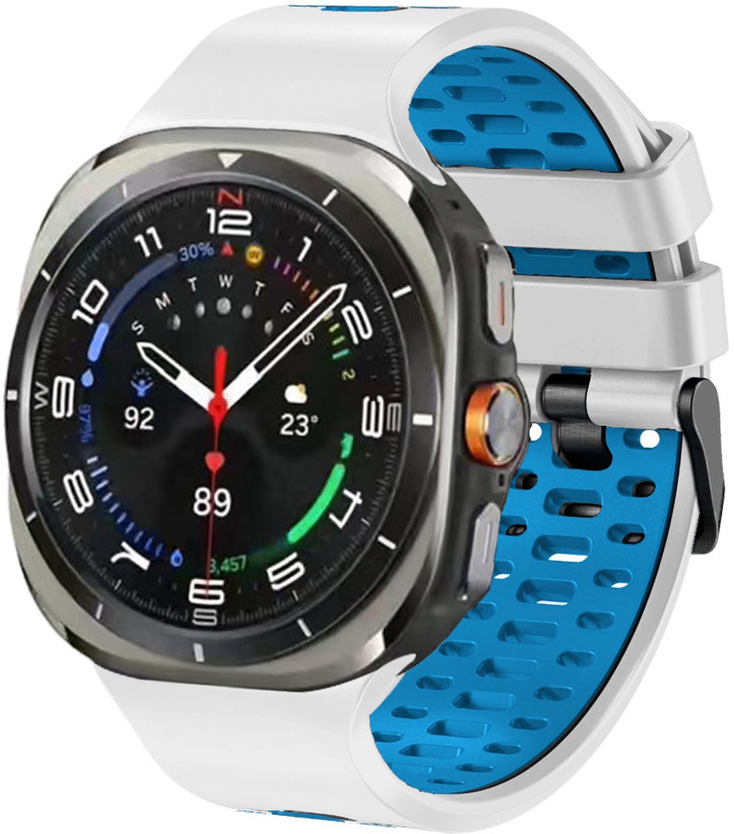 Stravo Tweekleurig Siliconen Sport Bandje – Geschikt voor Samsung Galaxy Watch Ultra 2 47mm (2026) / Ultra 47mm (2024/2025) – Ademend Horlogebandje met Ventilatiegaten en Gespsluiting – Zwart / Grijs