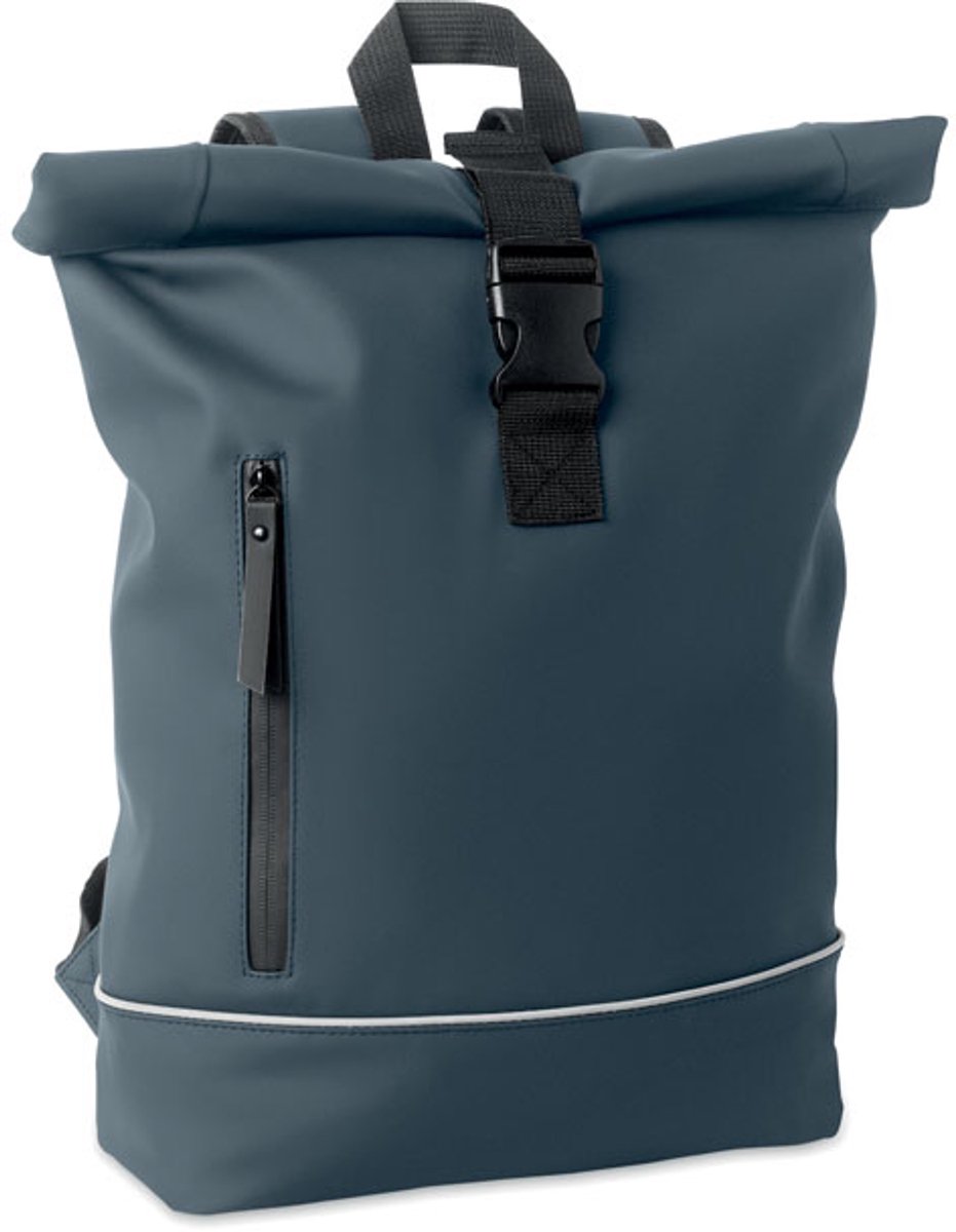 15 inch rolltop laptoprugzak in zacht PU met gevoerde achterkant en basisversterking met reflecterende strip Marine Blauw
