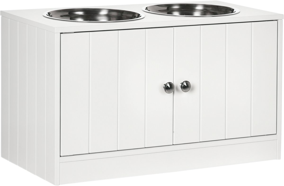 Voerbak voor honden, verhoogd, dubbele bak voor honden, katten, 60 x 30 x 35,5 cm, 2 bakken, 2 l, roestvrij staal, inclusief hout, wit