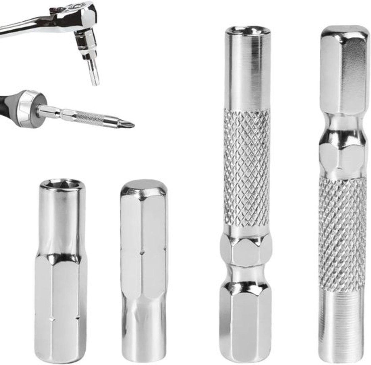 Set van 4 magnetische steekopzetstukken 1/4 inch - 25 mm & 45 mm voor schroevendraaiers, zeskantige opname, gehard staal, precisie-inzetstukken