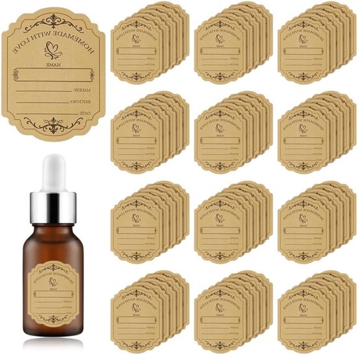100 Stuks Zelfklevende Etiketten voor Flessen, Vintage Papieren Labels voor Essentiële Olie, Potten en Voedselcontainers, 8x5.8 cm
