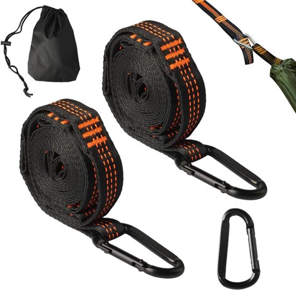 Hangmat bevestigingsset met 2,5 m Swing bevestigingsriemen en 3 karabiners voor buitenactiviteiten, maximaal 200 kg draagvermogen