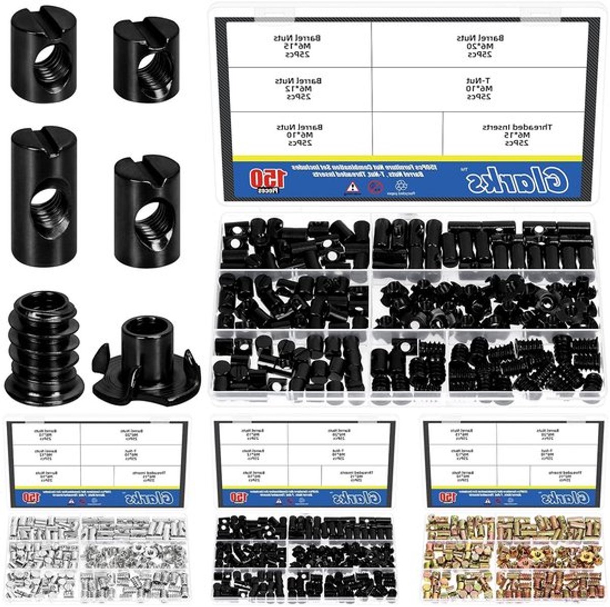 150-delige set zwarte barrel cross dowels en M6 4-prong tee nuts voor stevige verbindingen en meubels