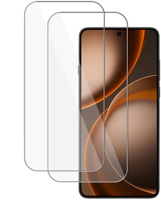 Twee transparante screenprotectors naast een smartphone met een bruin en oranje scherm.
