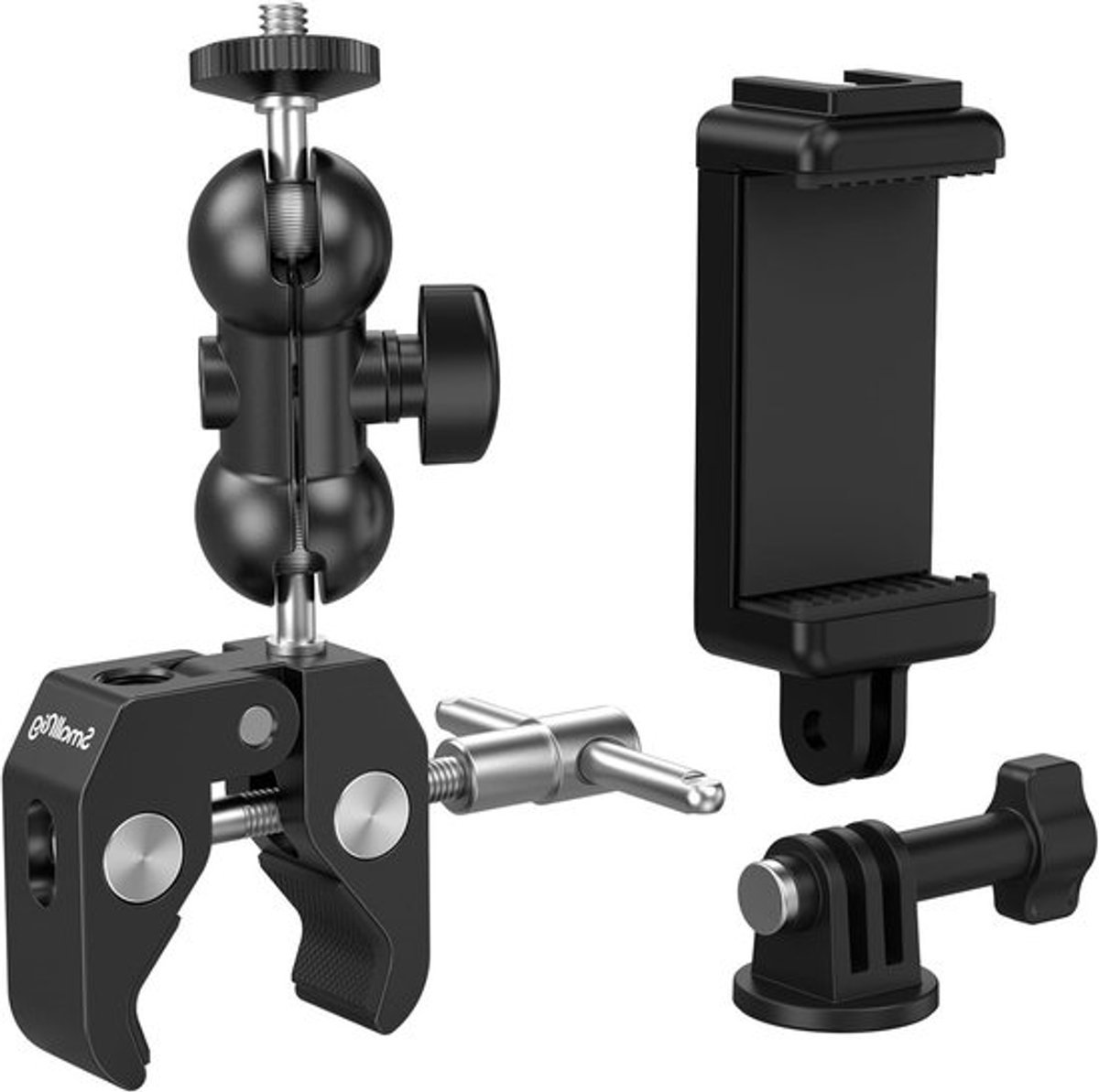 Upgrade Camerabindel-Klemset met Ball Head Magic Arm en Telefoonclip, Adapter voor Actiecamera, Super Clamp met Antislip Draden, Geschikt voor Smartphone en Actiecamera tot 1,5 kg Belastbaarheid