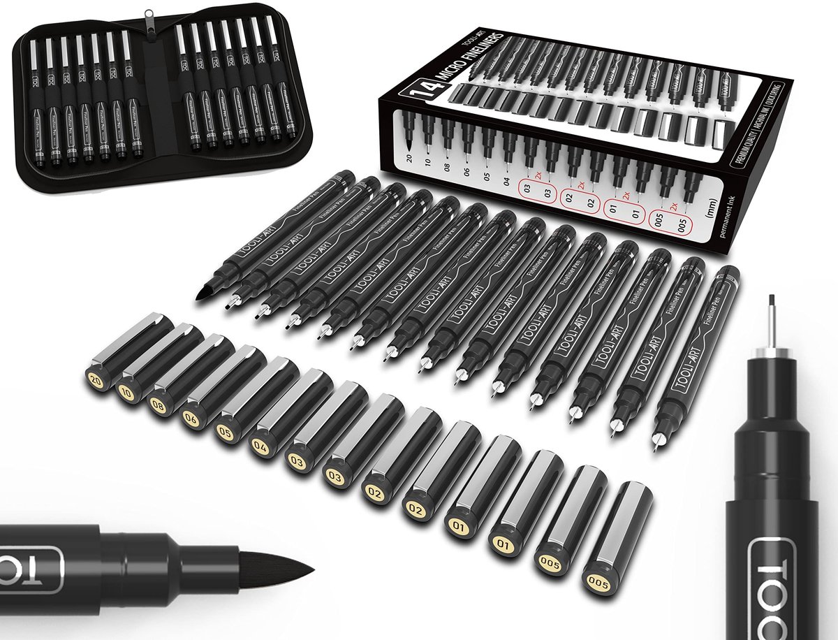 Solidchoice - Micro-Line 14 Fineliners met Organizer - Zwart