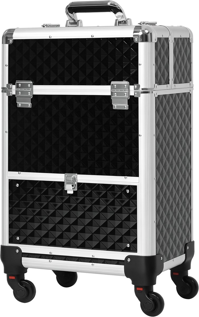 Trolley Make-upkoffer - cosmeticakoffer - telescopisch handvat - verstelbaar - 34 x 25 x 62 cm - aluminium - zwart