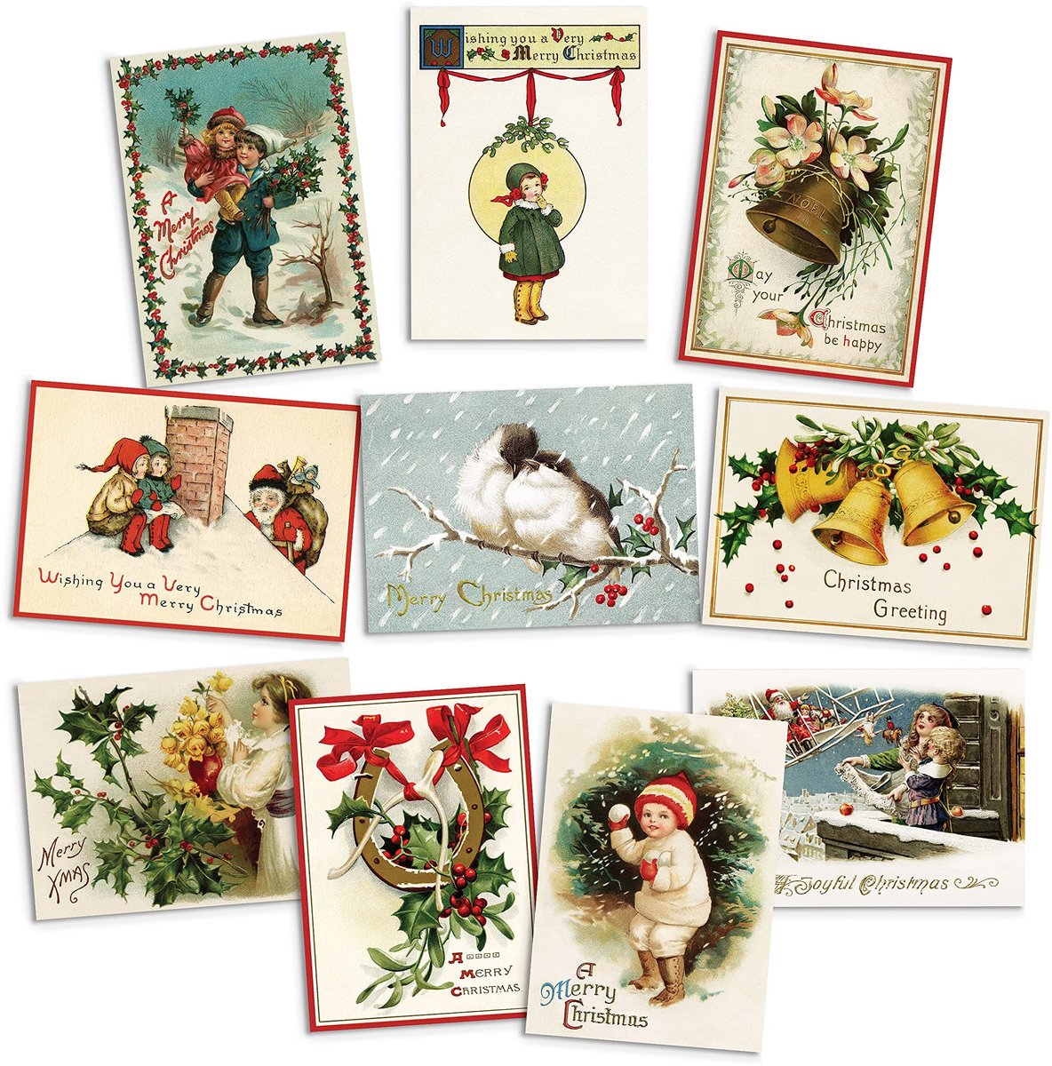 Solidchoice - Vintage Kerstgroet Kaarten met Enveloppen - Set van 10 Unieke Ontwerpen