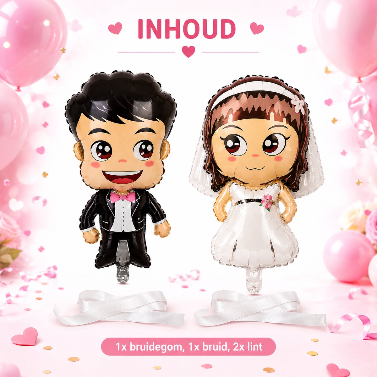 Fienosa Bruid & Bruidegom Ballonnen Set – 2 Folieballonnen – 1 Bruid + 1 Bruidegom – Bruiloft Versiering met Lint