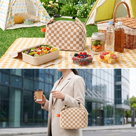 Kleine Lunchtas - 2 stuks - Thermal Bag - Koeltas - lunchtas dames corduroy - Opvouwbare Lunchtas - verstelbare handgreep - voor picknick, School, Lunch - 24x14x22cm - bruin em zwart — afbeelding 4
