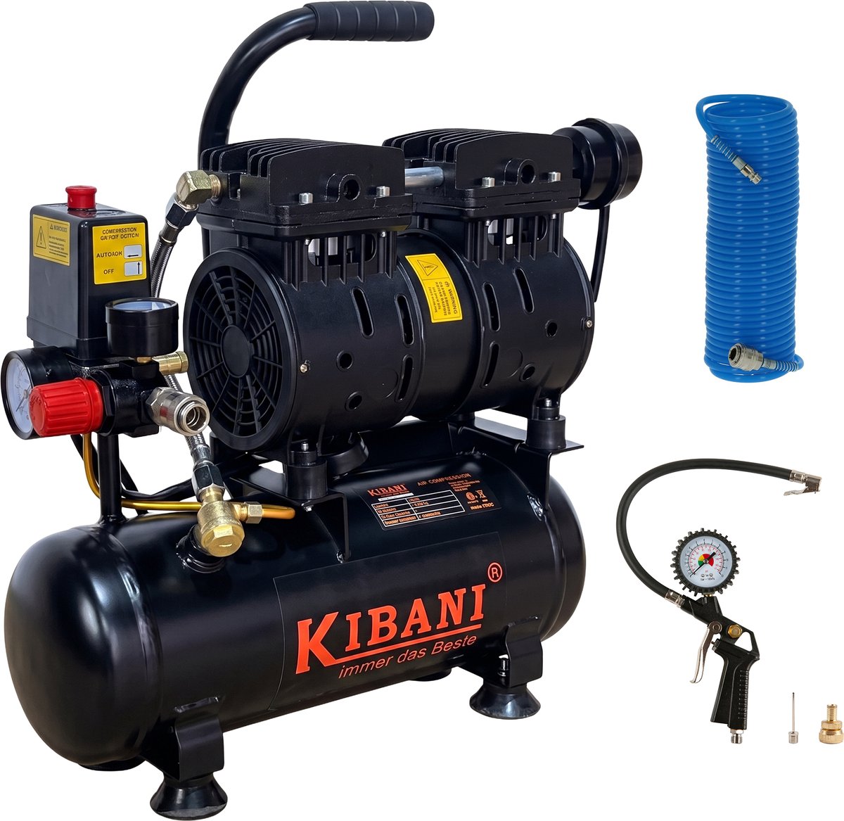 Kibani Super Stille Ecoline Compressor 6 Liter + Luchtslang 10 Meter + Bandenpomp - SET - Olievrij - 8 Bar - 89 L/min