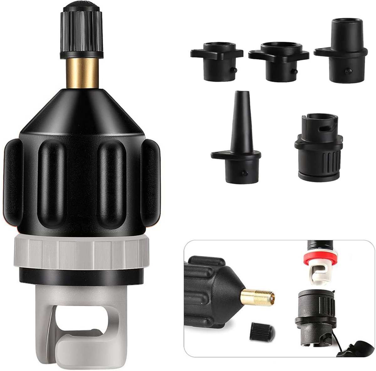 Best Active SUP Ventiel Adapter - Ventieladapter met 5 Opblaasmondstukken - Compressor Pomp Connector - Watersport Accessoires - Pompadapter voor SUP Board, Kajak en Opblaasboot - Zwart