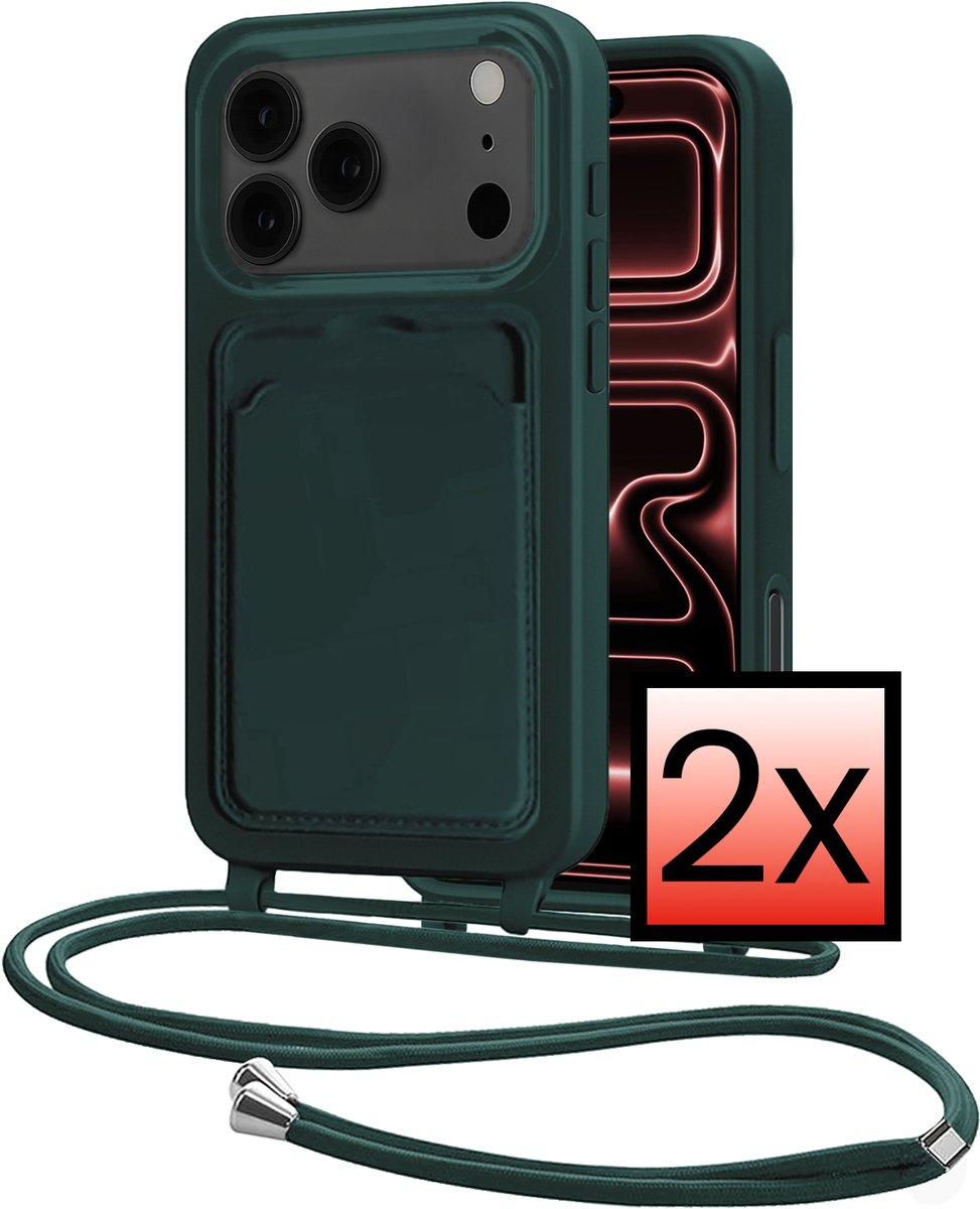 Hoes Geschikt voor iPhone 18 Pro Max Met Telefoonkoord - Siliconen Hoesje Backcover Met Ketting - Donkergroen - 2 PACK