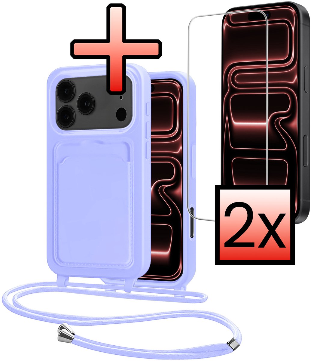 Hoes Geschikt voor iPhone 18 Pro Met Telefoonkoord Met 2x Screenprotector - Siliconen Hoesje Backcover Met Ketting - Lila