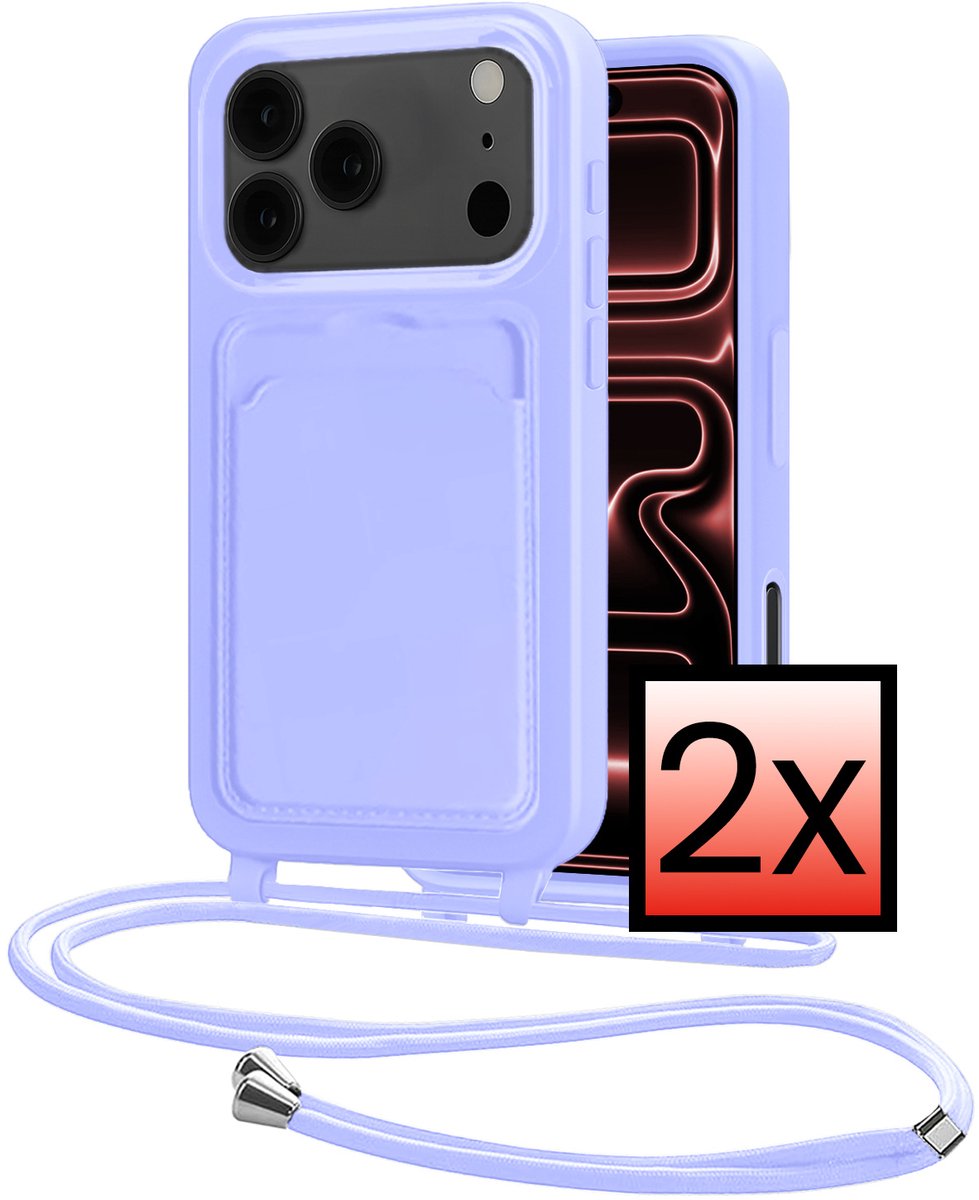 Hoes Geschikt voor iPhone 18 Pro Met Telefoonkoord - Siliconen Hoesje Backcover Met Ketting - Lila - 2 PACK