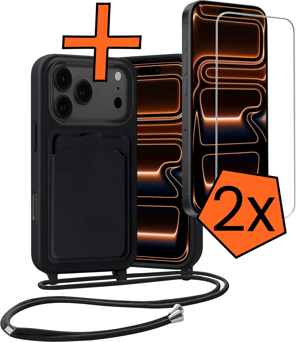 Hoesje Geschikt voor iPhone 18 Pro Max Hoes Met Telefoonketting Met 2x Screenprotector - Backcover Geschikt voor iPhone 18 Pro Max Case Met Koord - Zwart