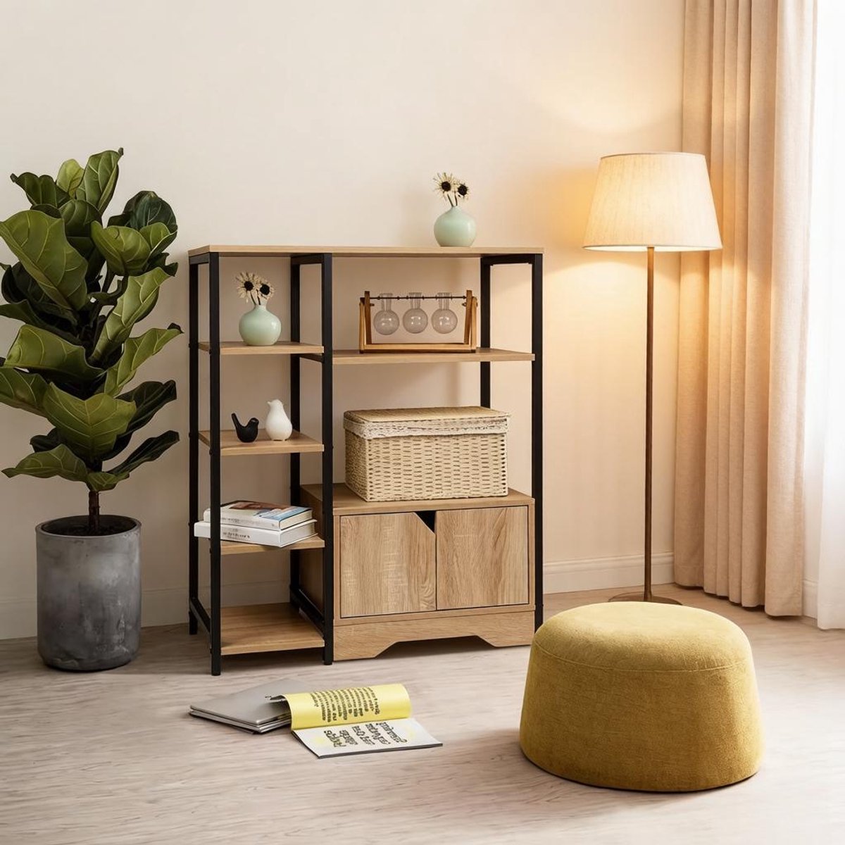 OKWISH Boekenkast Twee-In-Een Ontwerp – 80 X 35 X 97 Cm – Hout – Licht Eiken – Ruimtebesparende Opbergkast Voor Woonkamer En Werkkamer
