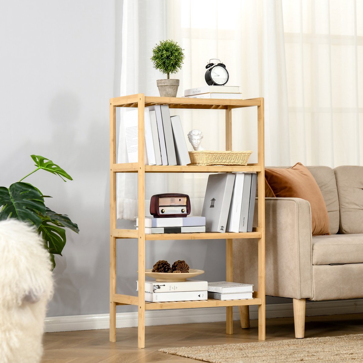 OKWISH Boekenkast – Open Stellingkast Met 4 Planken – 62 X 33 X 112 Cm – Bamboe – Naturel Hout – Voor Woonkamer Keuken En Badkamer