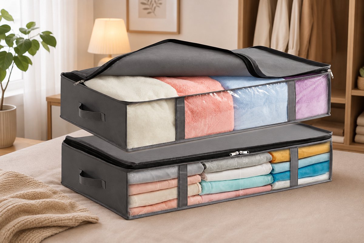 Lifewit 65L Opbergboxen voor Onder het Bed 2-pack, Opvouwbare Kledingopbergzakken met Doorzichtig Voorvenster, Kastorganizers en Opbergruimte voor Handdoeken, Kleding, Dekens, Grijs